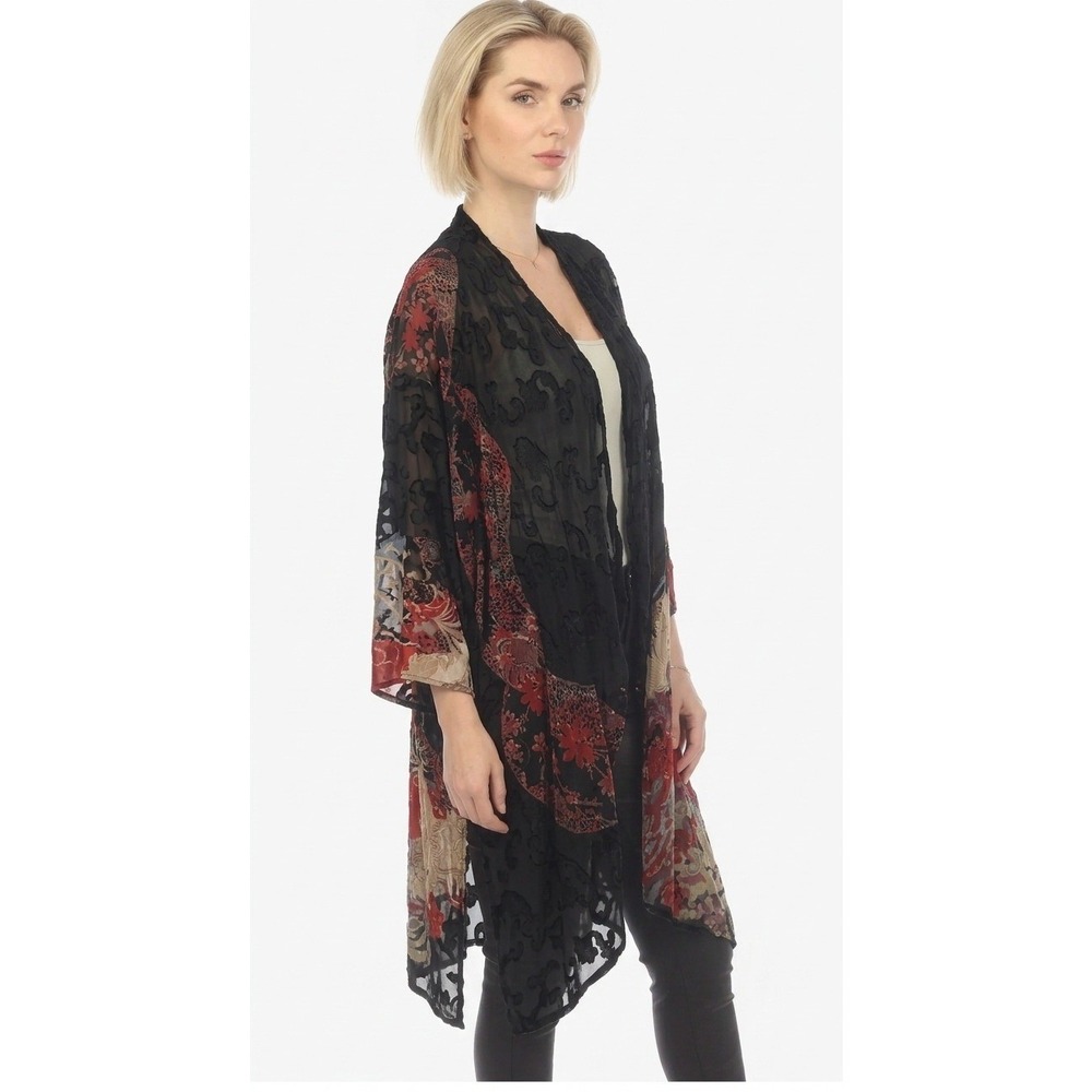 Citron Santa Monica Kimono M Black Silk Floral Burnout Open Front Cardigan